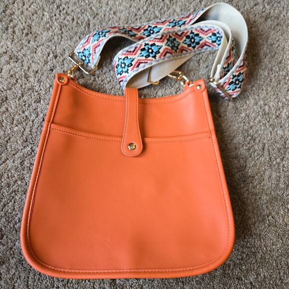 Faux Leather Crossbody Purse Orange Embroidered Boho Western Adjustable Strap - Picture 1 of 7